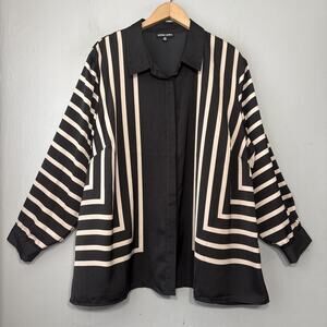 Modern Works Satin Blouse Plus Size 2X Black Tan Geometric Stripe Career Chic